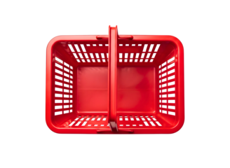 Red plastic shopping basket with black handle isolated on transparent background