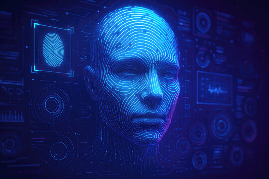 Digital human face with glowing blue lines and biometric data interfaces digital face human head