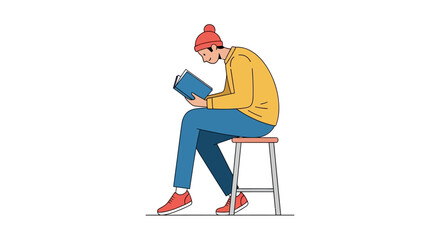 Fototapeta premium Serene moment with a reader absorbed in book on a minimalistic stool illustration