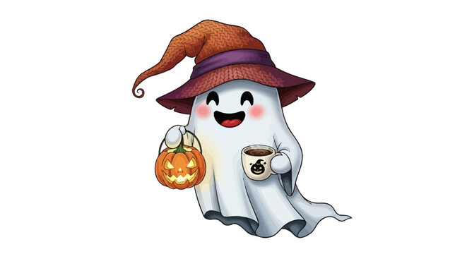 Whimsical halloween ghost wearing a witch hat holding a glowing jack-o'-lantern and coffee