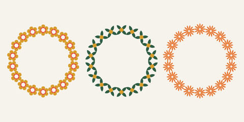 A set of floral frames in a groovy style. Simple botanical illustration. Laurel wreath with flowers. Vector illustration