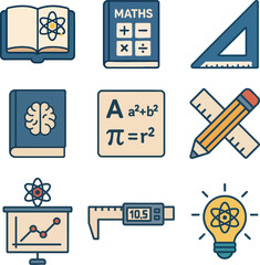 STEM learning flat icons collection representing study and creativity in education