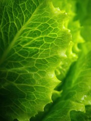 Close-up of Fresh Green Lettuce Leaf Showcasing Intricate Leaf Veins and Vibrant Color in Natural Light