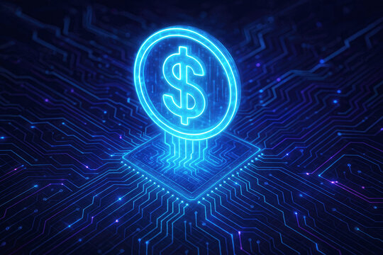 Glowing blue dollar sign coin on a digital circuit board with glowing lines and nodes currency finance