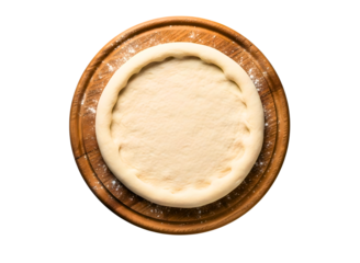 Oval wooden cutting board with raw bread dough and flour isolated on transparent background