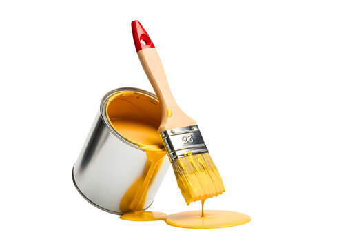 Blue paint can with dripping paint and brush isolated on transparent background