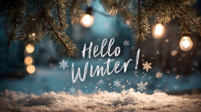 Enchanted winter scene with snowflakes and festive greeting text for holiday design