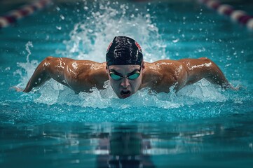 Swimmer caught mid-stroke under bright lights showcasing strength, speed, and determination