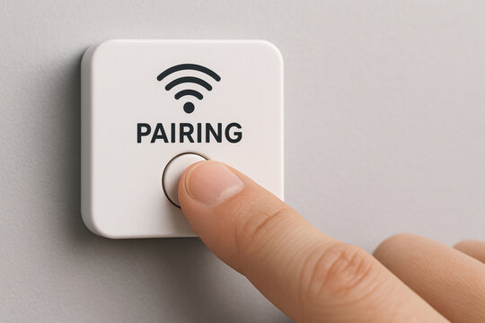 Wireless connection concept pairing button press on wall-mounted system.