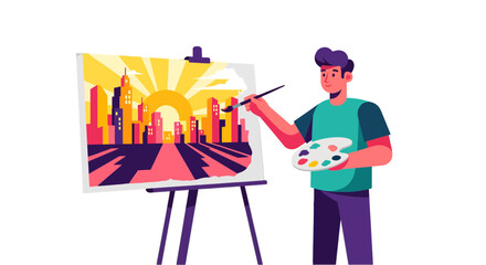 Fototapeta premium Artist Painting a City Scape at Sunset Using Vibrant Colors and Brushstrokes