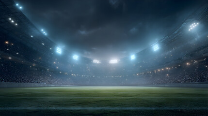 Epic football stadium illuminated under dazzling floodlights for a night game atmosphere