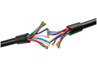 Severed electrical cable with exposed wires isolated on transparent background