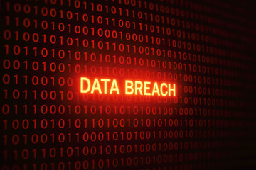 Glowing orange text DATA BREACH on a red binary code background data breach digital