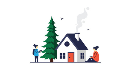 Naklejka premium Two people outside a house with a Christmas tree, one standing with a tablet and another sitting down.