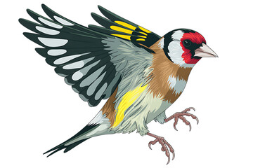 Colorful european goldfinch bird in flight illustration