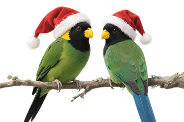 Two parrots wearing santa hats for christmas or holidays