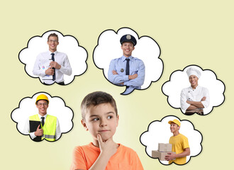 Little boy choosing future profession. Thought balloons with man presenting different occupations on beige background