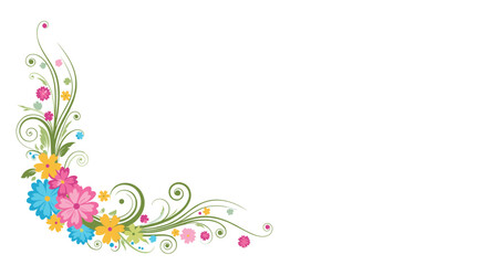 Colorful floral corner design with swirling green vines on a white background.