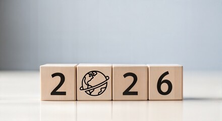Wooden blocks displaying the year 2026 with a globe symbol, isolated on white background