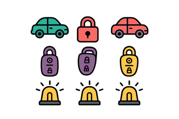 Colorful flat design icons representing automotive security, vehicle safety, cars, key fobs, and alarms