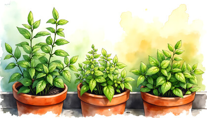 Fototapeta premium Watercolor painting of three potted basil plants on a windowsill