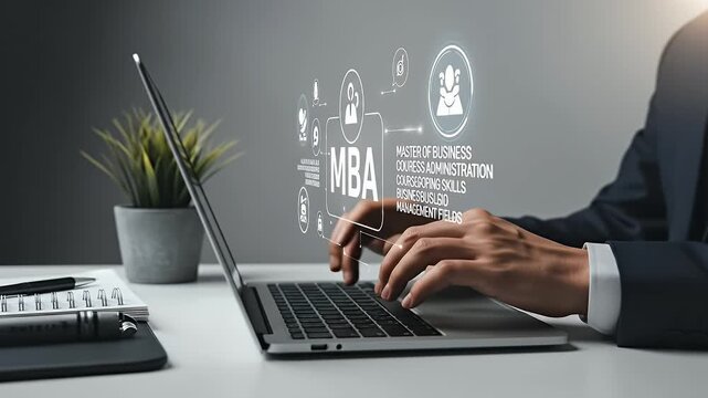 Man in Dark Suit Types on Laptop with MBA Graphic Overlays on White Desk with Plant Pot and Calculator in Grey Background