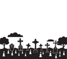 Spooky halloween graveyard silhouette with crosses tombstones trees and candles under a cloudy sky