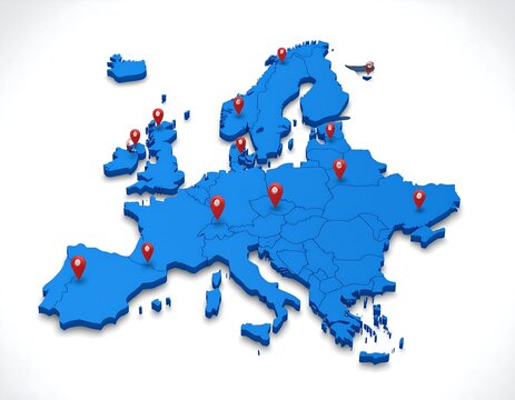 3D blue illustration of the European continent with red location markers