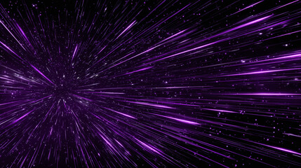 Anime style purple speed lines background on black. Bright glowing neon lines moving with the speed of light. Cosmic light speed lines. Velocity lines displaying the flash action. Purple trails