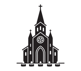 Silhouette of a gothic revival church with a steeple and candles lit in front on a white background