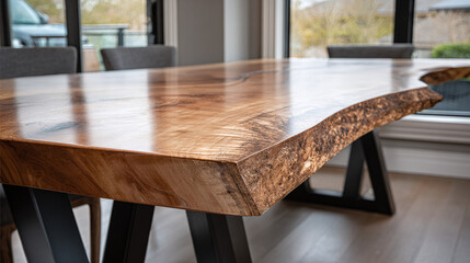 Close-up of stylish live-edge wood dining table with natural grain, sleek modern legs. Organic wooden furniture piece inside contemporary home interior space. Room natural light from window, showing