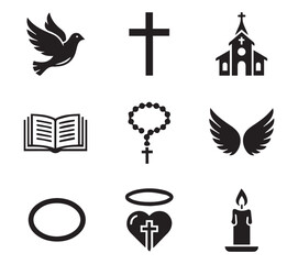 Collection of christian religious symbols including a dove cross church bible rosary wings halo and candle