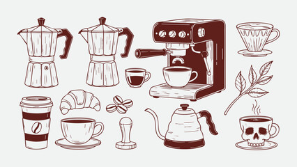 Coffee Brewing Equipment Vintage Barista Vector Set