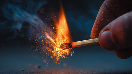 Macro shot of matchstick igniting, creating vibrant flame, glowing sparks. Hand holds matchstick as strikes, producing heat, light. Image represents energy, combustion, beginning of fire with