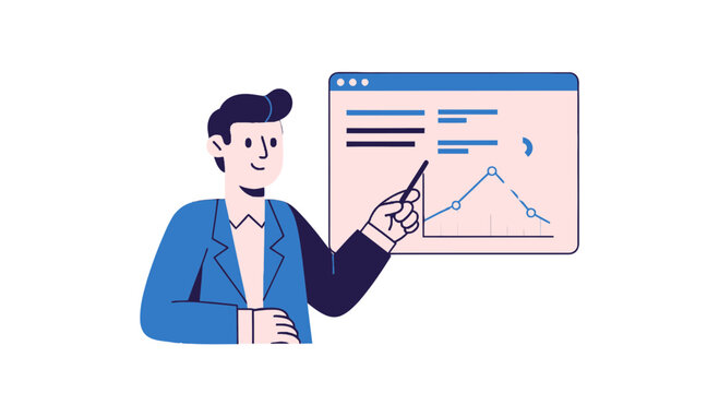 Business Analyst Presenting Data Analysis Using Digital Graphs and Visual Information