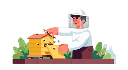 Beekeeper Inspecting Hive Producing Honey And Working With Pollinating Insects Very Close-up