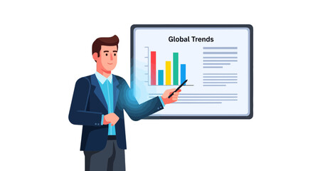 Fototapeta premium Business Analyst Presenting Global Trends on Visual Board for Strategic Planning Purposes