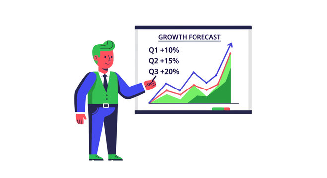 Business Analyst Presenting Growth Forecast Chart and Statistics On Plain Black Background