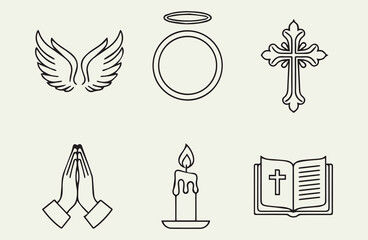 Collection of religious and spiritual symbols including angel wings halo cross praying hands candle and open bible in a simple line art style