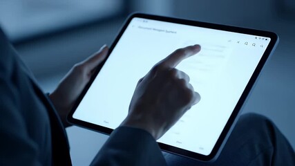 Person in Blue Jacket Using Digital Tablet with Light Blue Screen in Blue Room, Scrolling, Close Up, Modern Technology, Bright Illumination