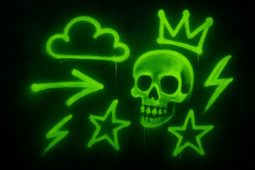 Neon Graffiti:  A striking collection of neon green graffiti elements comes to life against a stark backdrop, featuring a skull with a crown, cloud, arrows, star and lightning bolt.