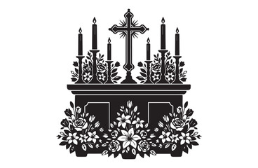Solemn altar with cross and candles adorned with floral arrangements for religious ceremonies and memorial services