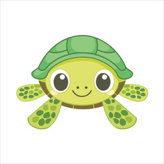  Cute Green Turtle Swimming in Ocean Cartoon Style