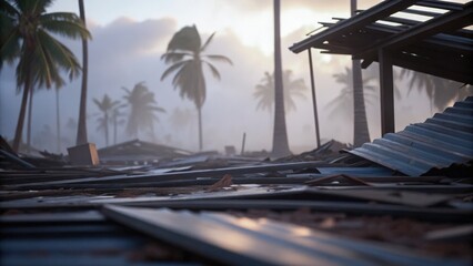 Tropical cyclone Destruction from a storm, with palm trees and debris scattered in a misty landscape.