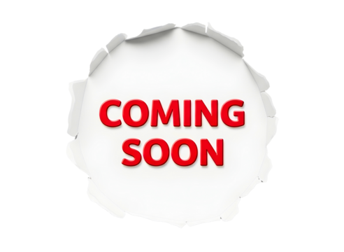 Coming soon text inside torn paper circle isolated on transparent background