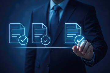 Man in dark suit touching glowing blue document icons with checkmarks on dark background business technology