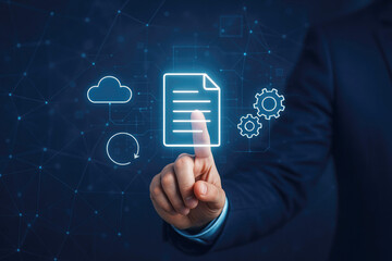 Man in dark suit touching glowing document icon with cloud and gears icons on dark blue digital network background