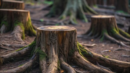 Obraz premium Tropical cyclone Tree stump surrounded by other stumps in a wooded area, showcasing nature's remnants.