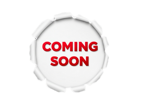 Coming soon text inside torn paper circle isolated on transparent background