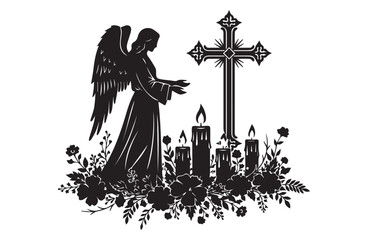 Silhouette of an angel standing beside a cross with lit candles and floral elements representing remembrance and solemnity